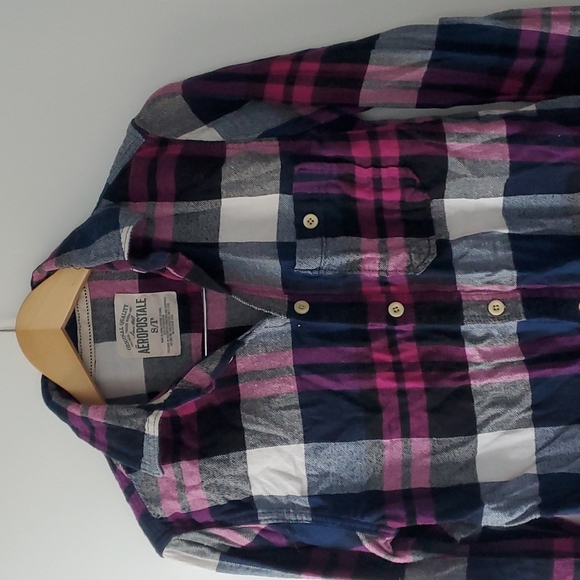 AEROPOSTALE- Navy/White/Pink Long Sleeve Flannel Shirt - Size S - Picture 4 of 10